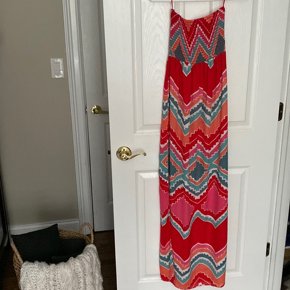 Aqua tribal print strapless maxi dress with side slit